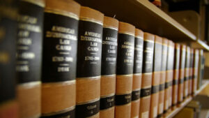 stack of law books on a shelf
